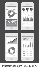 Wireframe business ui kit mobile app. Statistics, graphs, piecharts, prices, world map statistics, world ranking.