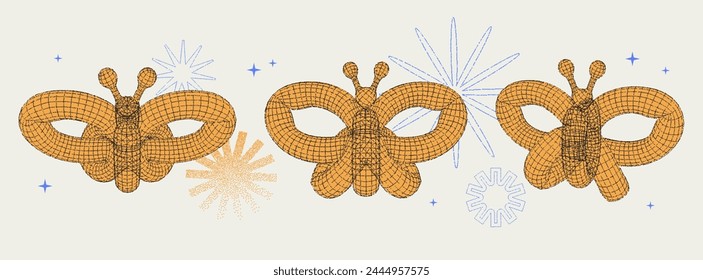Wireframe Butterfly Balloons. 3D shapes in trendy futuristic style with a grainy stippling effect. Brutal forms. Vector modern dots illustration. Brutalism Y2K graphic.