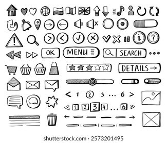 Wireframe buttons sketch. Hand drawn web app UI UX interface wireframed elements, website user interface mockup icons for web page application. Vector isolated set.