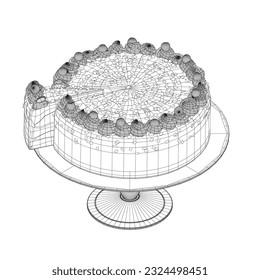 Wireframe cake. Birthday cake in contour line art drawing style. Traditional birthday cake on the top minimalist black linear sketch isolated on white background. Vector illustration. 3D.