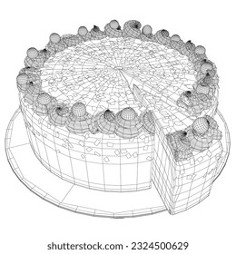 Wireframe cake. Birthday cake in contour line art drawing style. Traditional birthday cake on the top minimalist black linear sketch isolated on white background. Vector illustration. 3D.