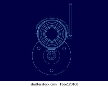 Wireframe camera frame. Front view. Contour of the surveillance camera of the blue lines on a dark background. Vector illustration