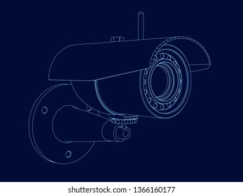 Wireframe Camera Frame. Isometric View. Contour Of The Surveillance Camera Of The Blue Lines On A Dark Background. Vector Illustration