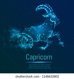 Wireframe capricorn. Low poly constellation. Zodiac sign in futuristic techology style on a starry sky