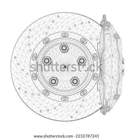 Wireframe of car brake disc with brake pad from black lines isolated on white background. Front view. 3D. Vector illustration.