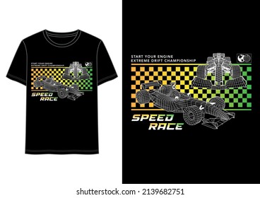 Wireframe Car Racing Vector Print, Checkered Board Background Speed Race Tee Print