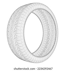 Wireframe of a car tire from black lines isolated on a white background. Side view. 3D. Vector illustration.