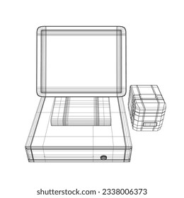 Wireframe of cash register with bar code reader, credit card reader and receipts printer. Cash machine wireframe. Vector illustration. 3D.