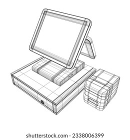 Wireframe of cash register with bar code reader, credit card reader and receipts printer. Cash machine wireframe. Vector illustration. 3D.