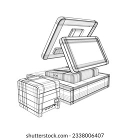 Wireframe of cash register with bar code reader, credit card reader and receipts printer. Cash machine wireframe. Vector illustration. 3D.