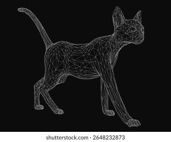 Um gato wireframe composto de formas geométricas e linhas anda graciosamente sobre um fundo preto. O design intrincado destaca a forma felina com precisão digital e limpa.