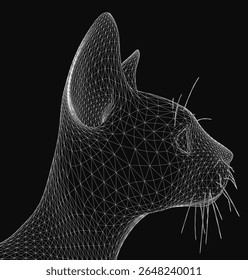 Cabeça de gato aramolado fica sobre um fundo preto, composto de linhas intrincadas e formas geométricas formando uma detalhada face felina. O design apresenta uma estética elegante e moderna com um estilo de arte digital