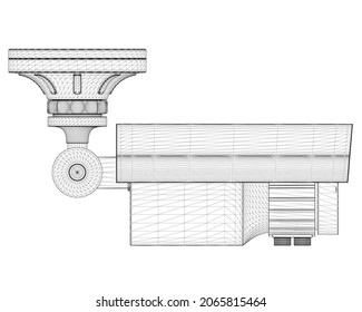 Wireframe cctv camera from black lines isolated on white background. Side view. 3D. Vector illustration