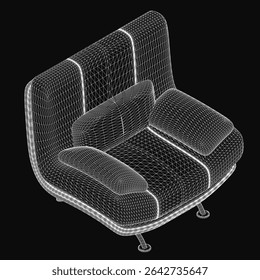 Wireframe chair in 3D model form, showcasing realistic structure and clean lines on a sleek black background. The sofa design features detailed edges and a transparent aesthetic, highlighting its.