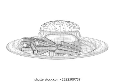 Wireframe cheeseburger on plate. Wireframe Big humburger with cutlets, cheese, tomatoes, lettuce. american food. Vector illustration element with humburger. Hand drawn food. Icon, symbol, logo. 3D.