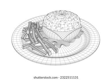 Wireframe-Käseverstärker auf Teller. Wireframe Big Humburger mit Cutlets, Käse, Tomaten, Salat. amerikanisches Essen. Vektorgrafik-Element mit Humburger. Handgezeichnetes Essen. Symbol, Symbol, Logo. 3D.