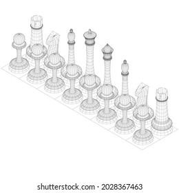 Wireframe of chess pieces lined up in a row. Isometric view. 3D. Vector illustration.