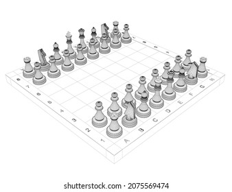 Wireframe of chess pieces on a chessboard from black lines isolated on white background. Isometric view. 3D. Vector illustration