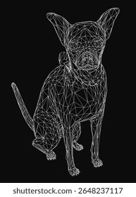 Wireframe Chihuahua composed of geometric shapes and lines, forming a detailed digital illustration on a black background. The intricate design highlights the dog's features with precision.