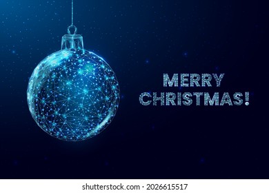 Wireframe christmas ball, low poly style. Merry Christmas banner. Abstract modern 3d vector illustration on blue background.