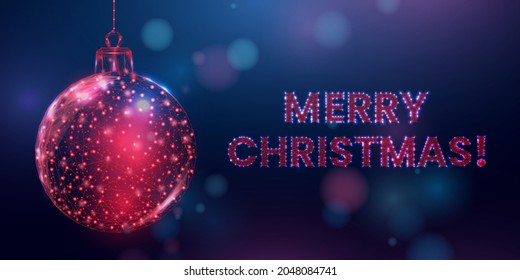 Wireframe Christmas ball, low poly style. Banner for the concept of Christmas or New Year. Abstract modern 3d vector illustration on blue background.