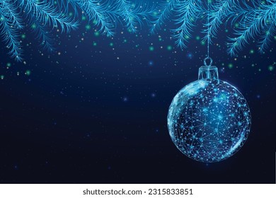 Wireframe Christmas ball and Christmas tree branches, low poly style. New Year banner. Abstract modern 3d vector illustration on blue background.