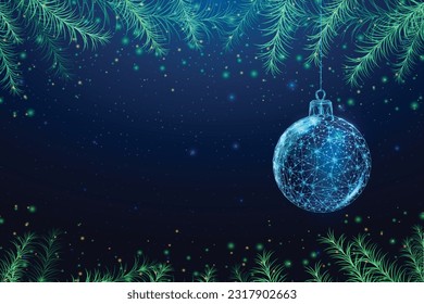 Wireframe Christmas ball and Christmas tree branches, low poly style. New Year banner. Abstract modern 3d vector illustration on blue background.