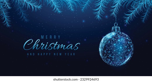 Wireframe Christmas ball and Christmas tree branches, low poly style. New Year banner. Abstract modern 3d vector illustration on blue background.