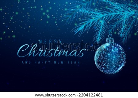Wireframe Christmas ball and Christmas tree branches, low poly style. New Year banner. Abstract modern 3d vector illustration on blue background.