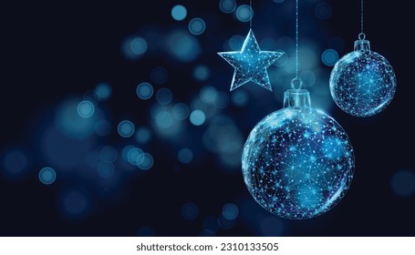 Wireframe Christmas balls and stars, low poly style. Merry Christmas and New Year banner. Abstract modern 3d vector illustration on blue background.