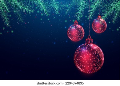 Wireframe Christmas balls and Christmas tree branches, low poly style. Banner for the concept of New Year with a place for an inscription. Abstract modern vector illustration on blue background.