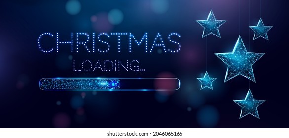 Wireframe Christmas stars and loading bar, low poly style. Merry Christmas and New Year banner. Abstract modern 3d vector illustration on blue background.