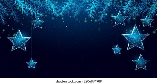 Wireframe Christmas stars and Christmas tree branches, low poly style. New Year banner. Abstract modern 3d vector illustration on blue background.