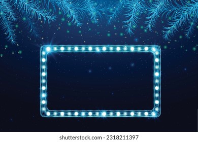 Wireframe Christmas tree branches and light billboard, low poly style. New Year banner. Abstract modern 3d vector illustration on blue background.