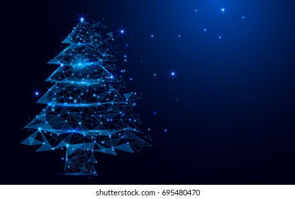 Wireframe A Christmas tree sign mesh from a starry on blue background