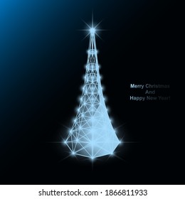Wireframe Christmas tree vector illustration on blue background. Low poly concept.