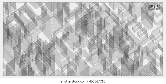 Wireframe city background of 3D building. Vector construction graphic idea.