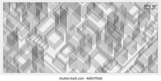 Wireframe city background of 3D building. Vector construction graphic idea.