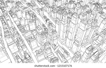Wire-frame City, Blueprint Style. 3D Rendering Vector Illustration. Architecture Design Background