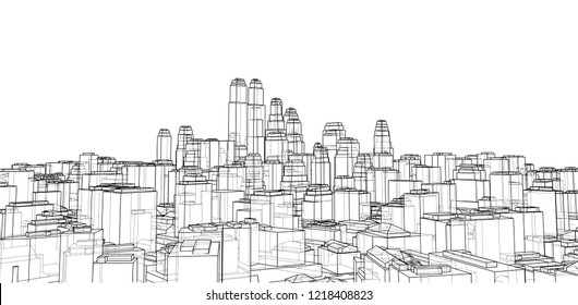 Wire-frame City, Blueprint Style. 3D Rendering Vector Illustration. Architecture Design Background