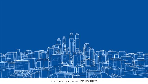 Wire-frame City, Blueprint Style. 3D Rendering Vector Illustration. Architecture Design Background