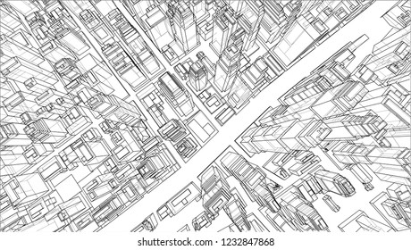 Wire-frame City, Blueprint Style. 3D Rendering Vector Illustration. Architecture Design Background