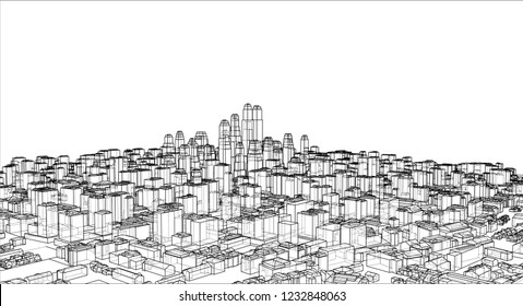 Wire-frame City, Blueprint Style. 3D Rendering Vector Illustration. Architecture Design Background