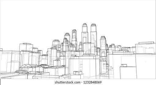 Wire-frame City, Blueprint Style. 3D Rendering Vector Illustration. Architecture Design Background