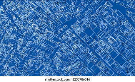 Wire-frame City, Blueprint Style. 3D Rendering Vector Illustration. Architecture Design Background
