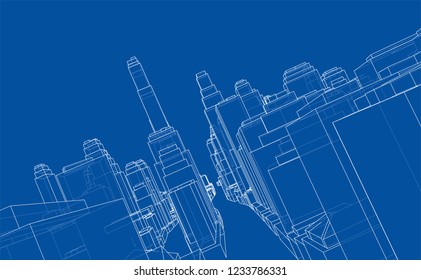 Wire-frame City, Blueprint Style. 3D Rendering Vector Illustration. Architecture Design Background