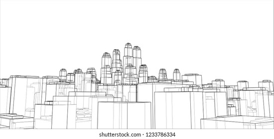 Wire-frame City, Blueprint Style. 3D Rendering Vector Illustration. Architecture Design Background