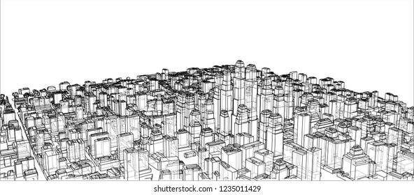 Wire-frame City, Blueprint Style. 3D Rendering Vector Illustration. Architecture Design Background