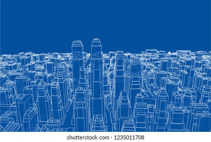 Wire-frame City, Blueprint Style. 3D Rendering Vector Illustration. Architecture Design Background