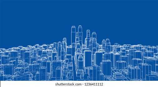 Wire-frame City, Blueprint Style. 3D Rendering Vector Illustration. Architecture Design Background